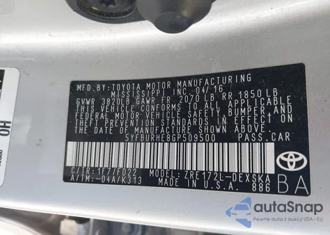 2016 Toyota Corolla S Plus z USA, uszkodzony, nr VIN 5YFBURHE8GP509500